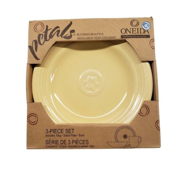Oneida Petals Dining Set Bowl, Plate, Mug In Box Yellow Set of Three - Picture 14 of 14